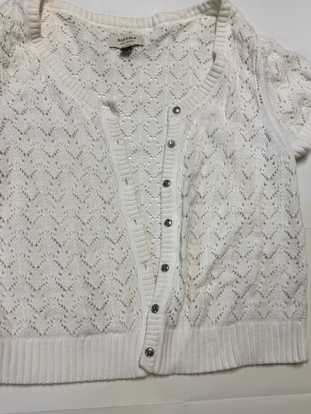 Sonoma White Short-Sleeve Open-Knit Button Down Cardigan Sweater Top Size Large